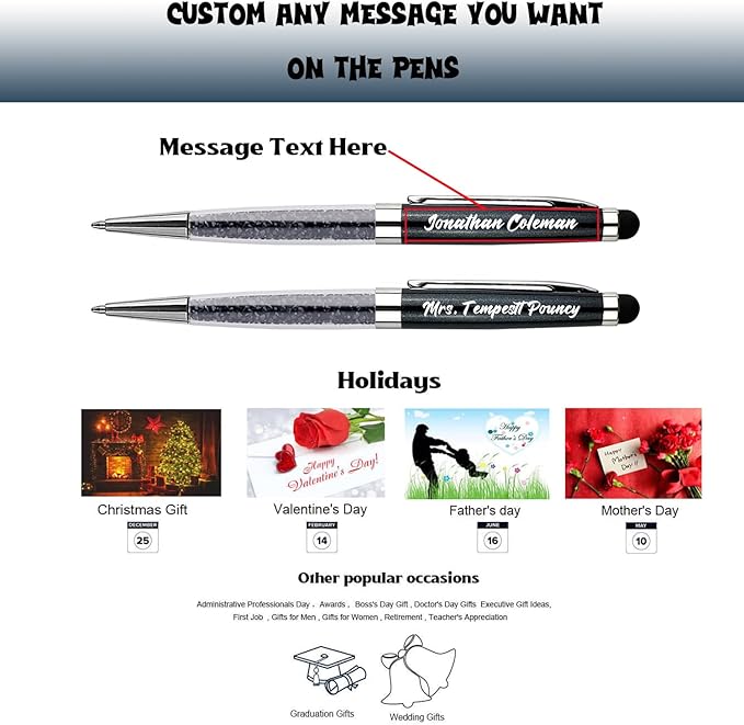Personalized Crystal Ballpoint Pens with Stylus - Engraved your Name Or Message Pens for Executives, Teachers, and Students. Ideal Gift for Graduations, Promotions 12pcs/Pack