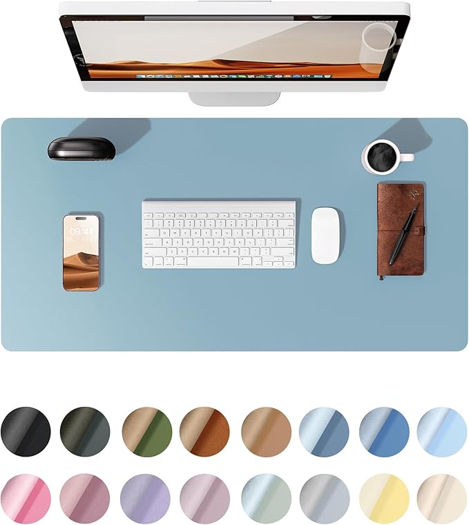 YSAGi Leather Desk Protector, Office Mat, Large Mouse Mat, Non-Slip PU Leather Blotter, Laptop Desk Pad, Waterproof Writing Pad for Office and Home (Ice Blue, 31.5" x 15.8")