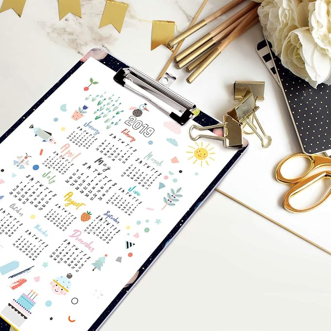 WAVEYU Cute Hardboard Clipboard for Kids Boys, Clipboard with Low Profile Clip for Students Classroom School and Office Use 12.5"x 9", Planet Pattern