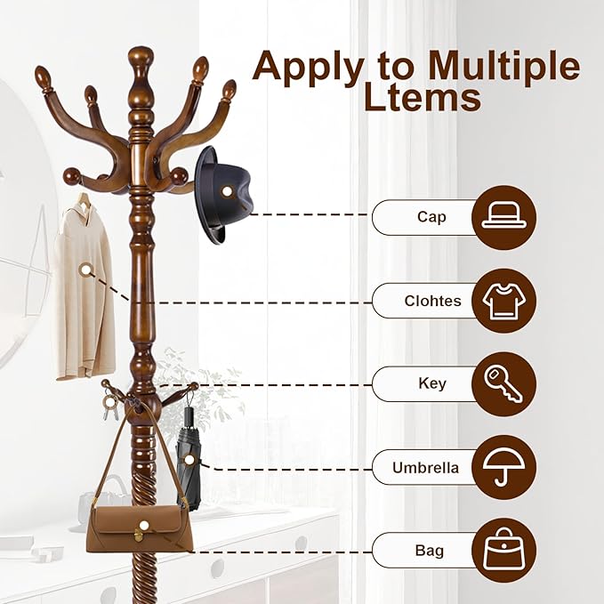 Solid Wood Coat Rack – 74.8" Freestanding Coat Racks Stand with 11 Hooks & Stable Base, Adjustable Height Modern Wooden Hall Tree for Entryway, Bedroom, Office, Home (Walnut Triangle)
