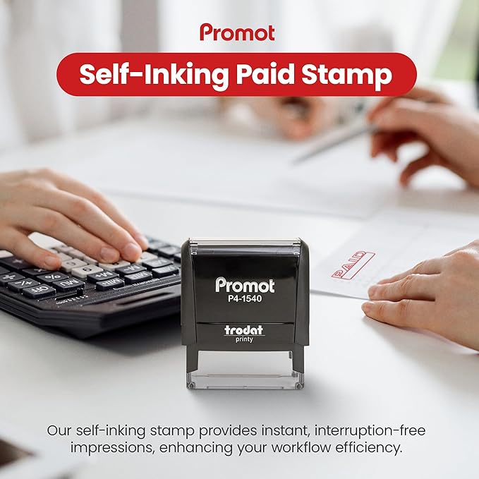 Promot Paid Self Inking Rubber Stamp - Refillable Paid Stamper - Business, Bookkeeping, Ordering, Accounting, Work, Office Stamps - Red Ink