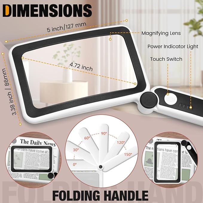 Rechargeable Magnifying Glass with Light for Reading, 5X Large Page Magnifier with LED Lighted for Seniors Low Vision, Folding Handheld Rectangle Magnifier for Reading Small Print Black-White