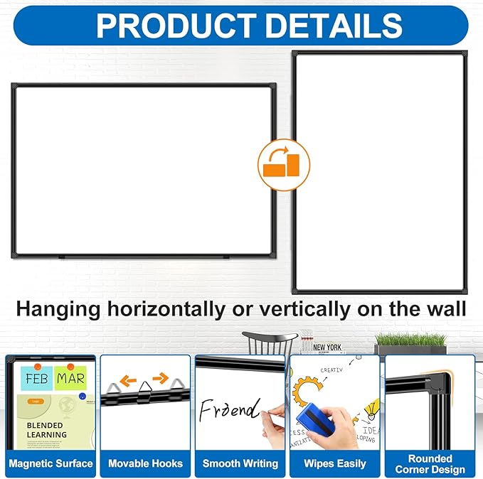 H-Qprobd 6'x4' Large Magnetic White Board Dry Erase Whiteboard with Black Aluminum Frame, 72"X48" Magnet Presentation Wall Boards for Office, Classroom, School, Home