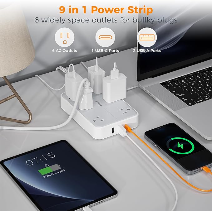 TESSAN Flat Extension Cord 10 FT with Flat Plug Power Strip, Small Extension Cord with 6 AC Outlet 1 USB C and 2 USB A, 1080J Surge Protector Power Strip, Wall Mount for Dorm Room Office Home