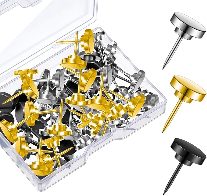 Shimeyao 30 Pieces Push Pins, Metal Thumb Tacks for Picture Photo Hanging, Wall Pins for Board Posters Bulletin Maps, Wall Tack for Office Home Decorative (Gold,Black,Silver)