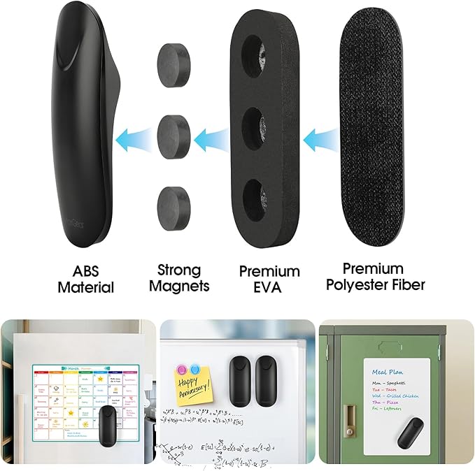 MaxGear Dry Erase Eraser, Magnetic Whiteboard Eraser for Glass Board, Dry Erase Board, Dry Erase Board, Chalkboard Wiper with Built-in Magnet, Teacher Supplies for School, Office, Home, Black, 2 Pack