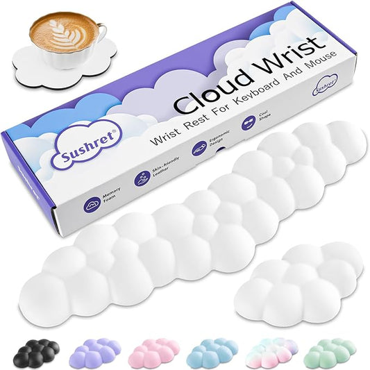 Cloud Wrist Rest Keyboard, Cloud Palm Rest Set with PU Leather Memory Foam, Cute Keyboard Rest for Wrist Support and Arm Rest, Desk Cloud Wrist Pad for PC/Gaming/Hand Cushion/Computer-White