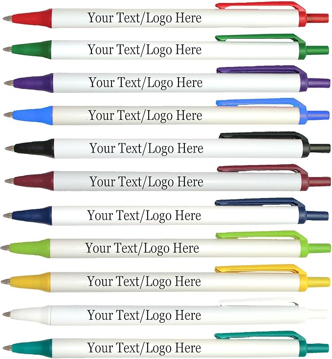 Personalized Click Stick Pens With your Custom Logo or Text-300 Pack Bulk-for Businesses, Parties, and Events, Custom Printed Retractable Slim Ballpoint Pens, Navy, Black Ink