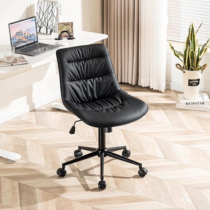 Kidol & Shellder Faux Leather Office Chair, Adjustable Swivel Height Task Chair, Rolling Wheels & Soft Backrest - Armless Ergonomic Desk Chair for Home, Office,Vanity,Gaming（Black）
