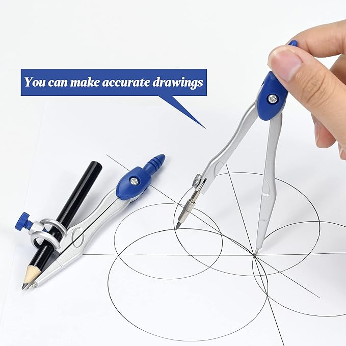 Math Geometry Kit Sets 10 Piece Student Supplies with Shatterproof Storage Box,Includes Rulers,Protractor,Compass,Eraser,Pencil Sharpener,Lead Refills,Pencil,for Drafting（Navy Blue）
