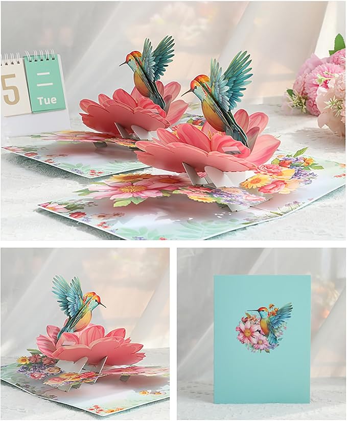3D Hummingbird and Flower Pop Up Card, Elegant Bird Pop-Up Card with Blooming Flowers for Anniversary, Thank You, Valentines Day, All Occasion
