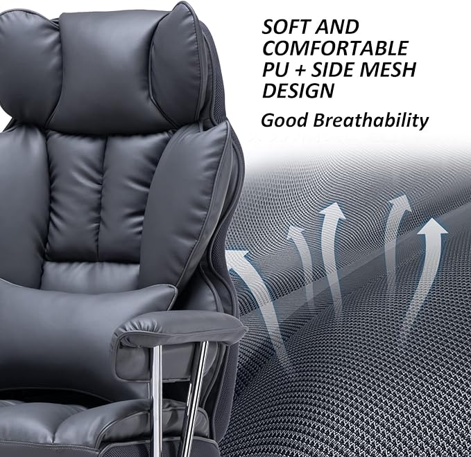 Efomao Big and Tall Office Chair with Footrest, 400LBS PU Leather High Back Executive Office Chair with Lumbar Support, Wide Computer Chair for Home Office, Dark Grey