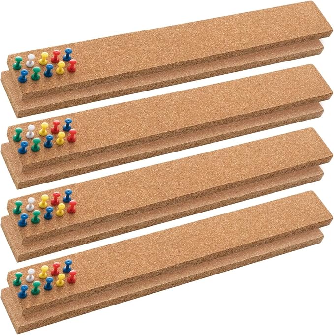 HBlife Cork Board Bulletin Board Bar Strip 8 Pack, 15x2 Inch - 1/2 Inch Thick, Frameless Cork Board Strips with 50 Multi-Color Push Pins, Strong Self Adhesive Backing