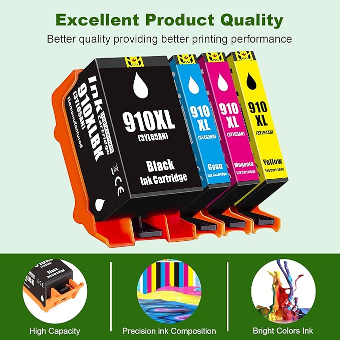 910 XL 910XL Ink Cartridges Combo Pack High Yield Replacement for HP 910XL Ink Cartridges for OfficeJet 8015e 8010 OfficeJet Pro 8025e 8020 8028e Printer (910 Ink 4-Pack)