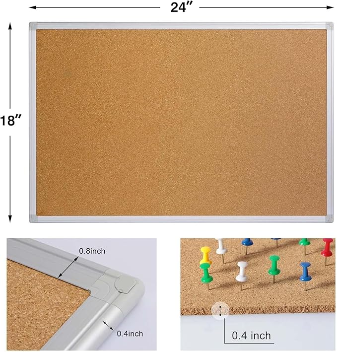 Board2by Cork Board Bulletin Board 24 x 18 Inches, Silver Aluminium Framed Corkboard, Office Board for Wall Cork, Large Wall Mounted Notice Pin Board for Home, Office and School