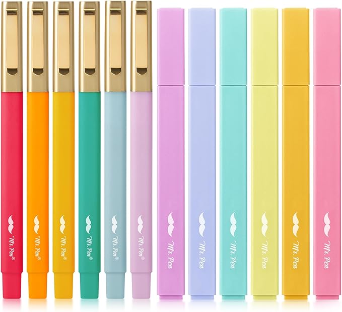 Mr. Pen- Aesthetic Highlighters and Pens No Bleed, 12 Pack, Assorted Color Bible Highlighters No Bleed, Black Ink Bible Pens, Highlighter Pens, No Bleed Highlighters for Bibles, Bible Pens