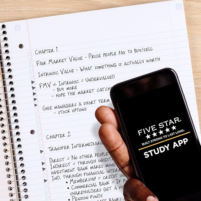 Five Star Spiral Notebook + Study App, 3 Subject, College Ruled Paper, Fights Ink Bleed, Water Resistant Cover, 8-1/2" x 11", 150 Sheets, Black (72069)