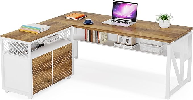 Tribesigns Office Desk with Drawers Sets, 63 inches L Shaped Computer Desk with Mobile File Cabinet,Big Executive Desk for Home Office Furniture Sets (Light Walnut, 63-inch)