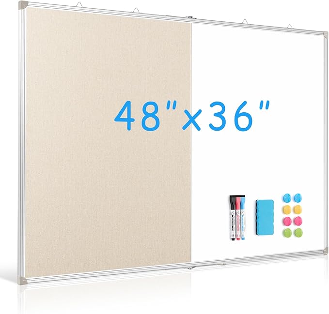 DOLLAR BOSS Foldable Linen Cork Board White Board Combo 48 x 36 in Extra Large Magnetic Whiteboard Dry Erase Bulletin Board Portable Double Sided Aluminum Frame Pin Board for School Office, White