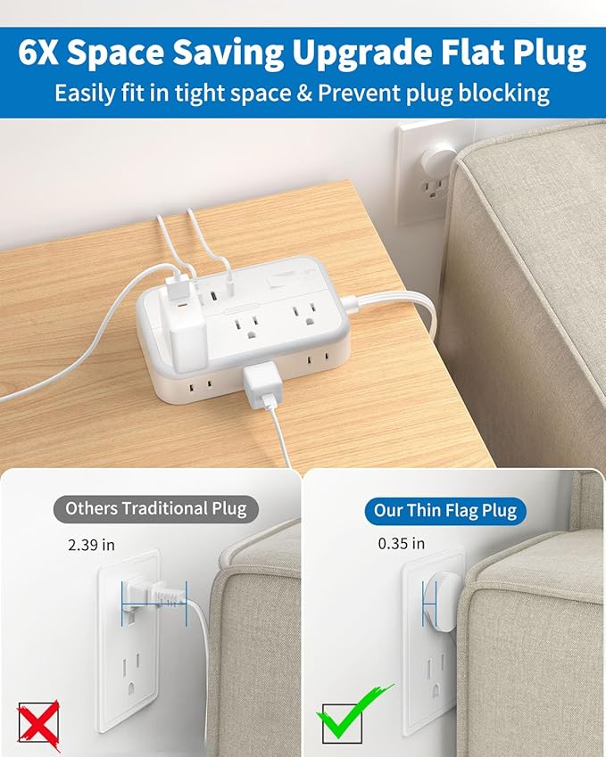 Flat Extension Cord 15 ft, NTONPOWER Surge Protector Power Strip with 6 Widely Outlets 4 USB Ports(2 USB C), Flat Plug, Wall Mounted, Side Outlet Extender for Indoor, Home Office, Dorm Room Essentials