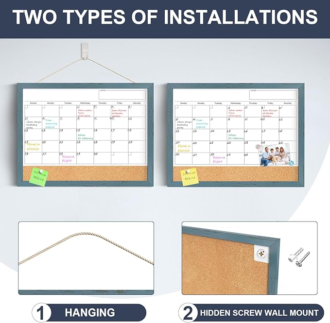 Whiteboard Calendar & Corkboard for Wall, 17"x13" Dry Erase Monthly Calendar with Wood Framed, Magnetic White Board Cork Board Combo, Calendar Bulletin Board for Home Office Kitchen Memo Planner