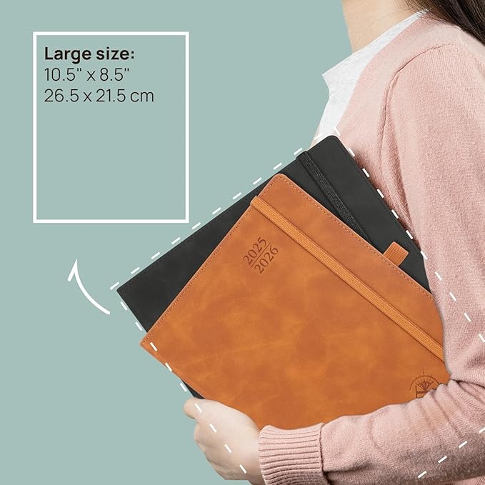 POPRUN Planner 2025-2026 Weekly Notebook (Large 8.5''x 10.5'') Academic Calendar (JUL.25 - JUN.26) Appointment Book with Monthly Tabs, Leather Soft Cover, Inner Pocket, 100 GSM - Black