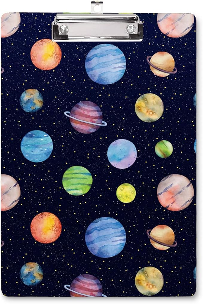WAVEYU Cute Hardboard Clipboard for Kids Boys, Clipboard with Low Profile Clip for Students Classroom School and Office Use 12.5"x 9", Planet Pattern