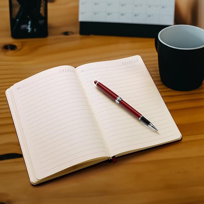 A5 Leather Journal Notebook with Pen, 200 Pages Hardcover Journal with Pocket, 100gsm Thick Lined Paper Daily Diary for Men and Women, Great Gift for Business School Travel Personal - Brown