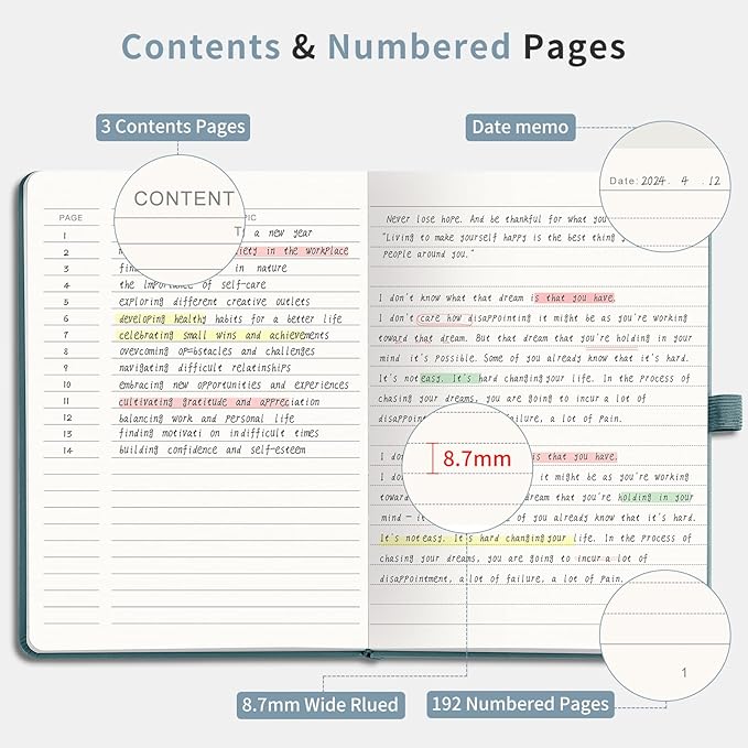 AHGXG Wide Ruled Notebook for School - Lined Journal for Women Men, 192 Numbered Pages, 100 GSM Thick Paper, A5 Hardcover Leather Notebook for Work, Writing, 5.7"×8.3" - Gray Blue