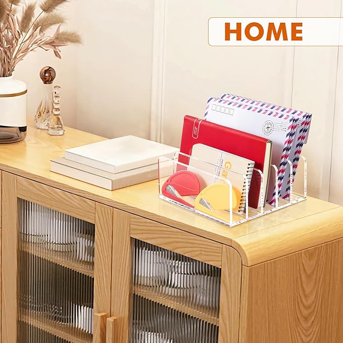 BEYGORM Acrylic Mail Holder, Clear Multifunction Desk Organizer with Divider, Vertical Letter Sorter for Desktop, 5 Compartments Modern Office Home Envelope Organizer for Bill, Document, Notebook