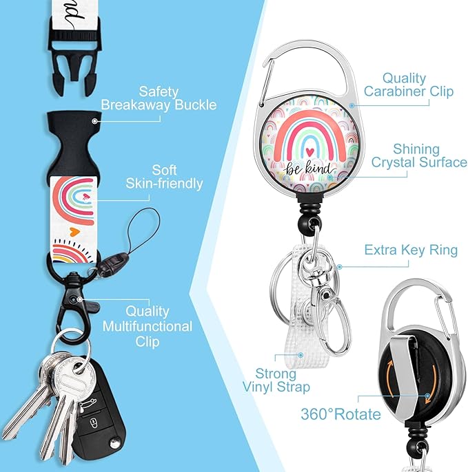 Teacher Lanyards for Id Badges, Rainbow Be Kind Badge Holder with Retractable Badge Reel Clip, Adjustable Name Tag Lanyard Vertical ID Card Protector Case for Women Nurse Doctor Student