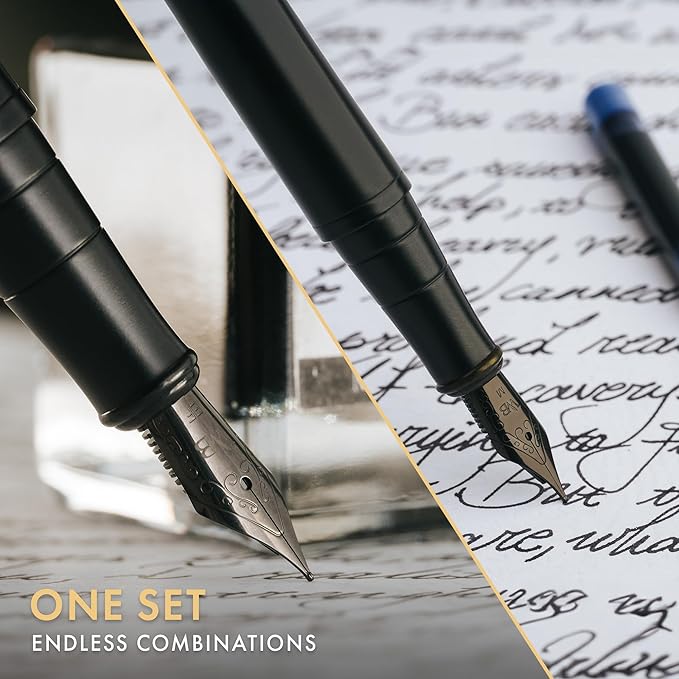 Wordsworth & Black Fountain Pen Set, 18K Gilded Medium and Extra Fine Nib, 25ML Black Ink Bottle, 6 Ink Cartridges,Refill Converter,Gift Box,Smooth Writing Pens [All Black],Gift Set for Men and Women