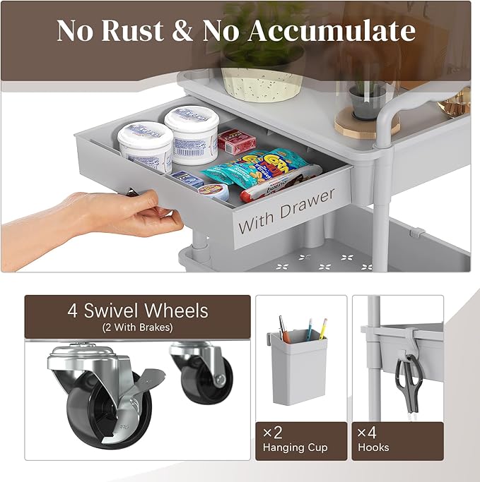 Rolling Utility Cart with Drawer 3 Tier, Utility Storage Organizer with Plastic Shelf & Lockable Wheels Multifunctional Storage Cart for Kitchen, Bathroom, Office, Living Room, Gray