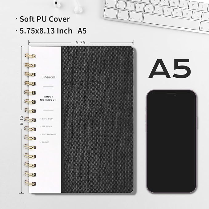 Spiral Notebook-6.10" x 8.19" College Ruled Journal with Inner Pockets and 160 Pages,PU Leather Cover Business Journal, Twin-Wire Binding Notebook Perfect for Office & Home School Supplies
