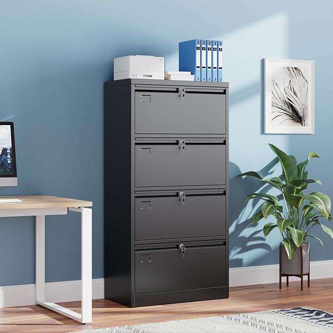 Aobabo 4 Drawer Wide Lateral File Cabinet, Metal Filing Cabinet with Lock, Suitable for Home Office School Hanging Files Letter/Legal/F4/A4 Size,Black,Required-Assembly,15.87" D x 28.94" W x 57.17" H