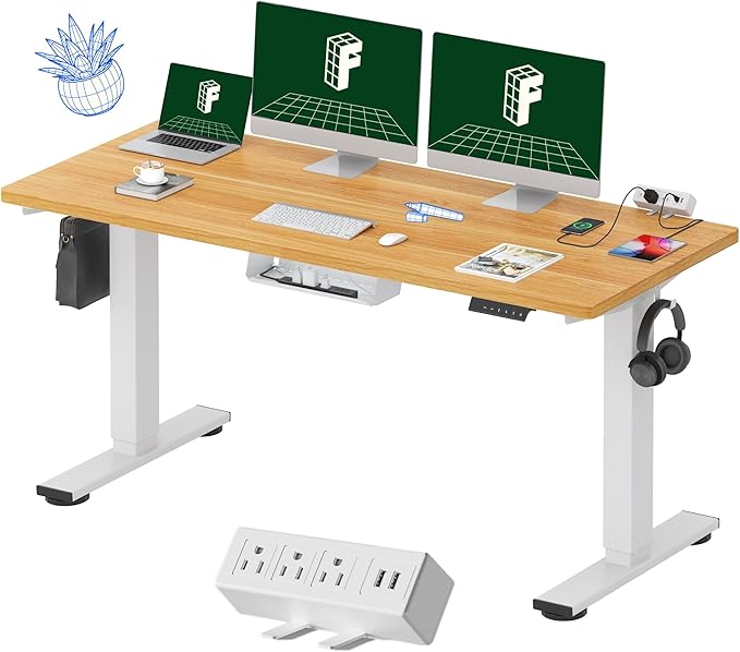 FLEXISPOT EN2 Whole-Piece Standing Desk with Clamp Power Strip, 60 x 24 Electric Stand Up Height Adjustable Desk with Cable Management (White Frame + 60" Maple Top, 2 Packages)