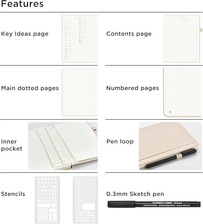 &And Per Se Bullet Dotted Journal Notebook, A5 Leather Hardcover, 176 Numbered Pages 100GSM Thick Dotted Paper, 2 Sheets of Stencils Included - 5.7'' x 8'' (Light Apricot)