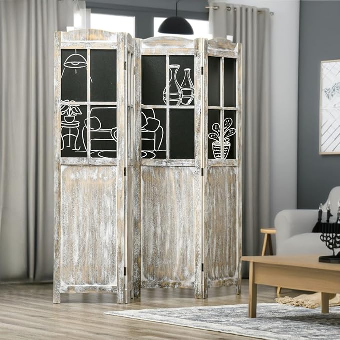 NicBex Room Divider 4 Panel Room Dividers with Black Boards Partition Room Dividers and Folding Privacy Screens 5.6 FT Wall Divider for Home, Office, Room Separation,70.75"W x 0.75"D x 69.75"H,Natural