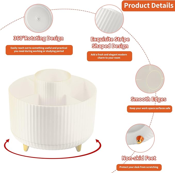 Desk Pen Holder, 5 Slot 360 Rotating Pen Organizer for Desk, Desktop Storage Stationery Supplies Organizer, Cute Pencil Cup Pot for Office, School, Home, Art Supply, Beige