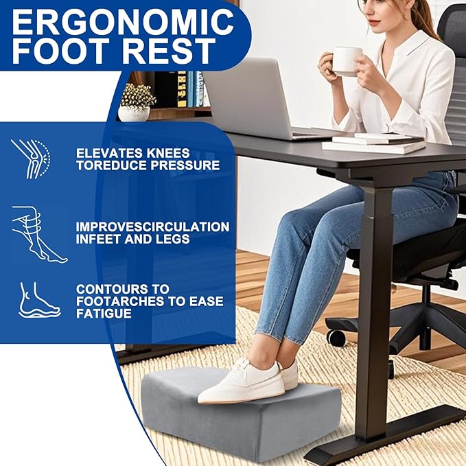 Adjustable Foot Rest for Under Desk at Work - 3 Height Ergonomic Footrest, 17x11 Inch Office Foot Stool, Soft Velvet Cushion, Non-Slip Base for Home & Office - 100% Memory Foam Filling