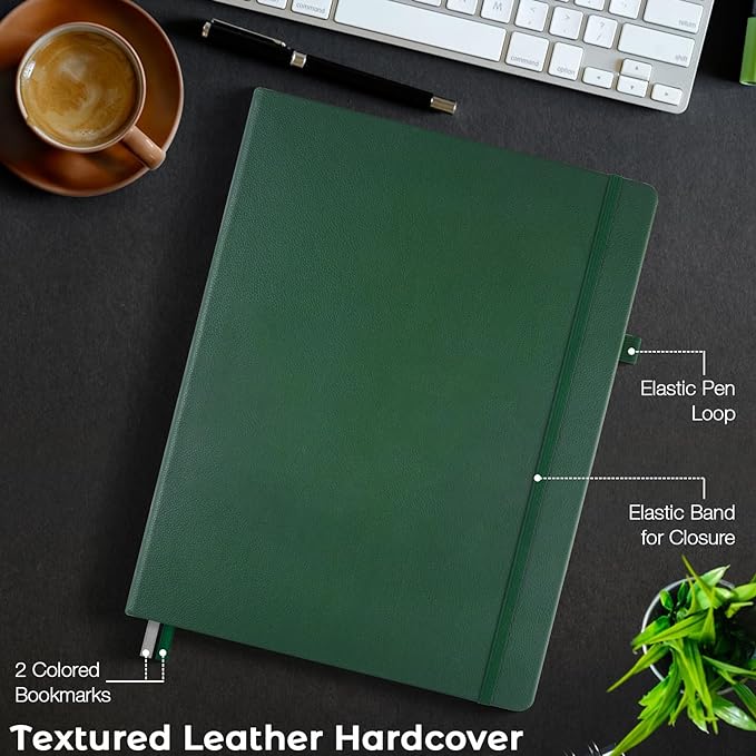 Lined Journal Notebook, 8.5" x 11" Hardcover Leather Notebook for Work, Wide Ruled Notebook Journal for Women Men, 192 Thick Paper, Lay Flat, 2 Pockets, A4 Large Journals for Writing, Green Notebook