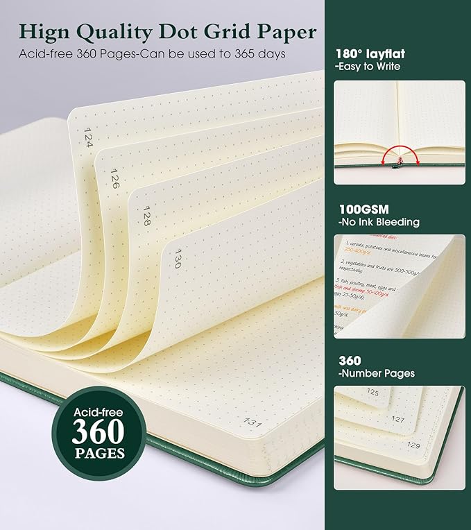 Dotted Journal Notebook, 360 Numbered Pages Bullet Dot Grid Journal,100gsm Dot Paper Thick Hardcover Leather Journal for Writing Women Men, A5 Dotted Grid Notebooks for Work 5.75" x 8.38" Green