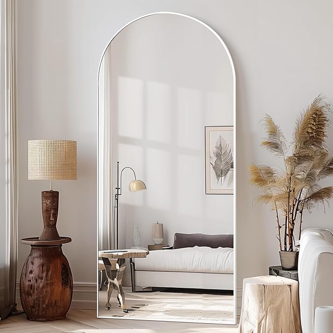 MELOMOIR 71"x32" Arched Large Mirror Full Length, Free Standing Leaning or Hanging, Thin Aluminum Frame, Tempered Glass, Suitable for Living Room Bedroom Cloakroom Hallway Home Gym, White