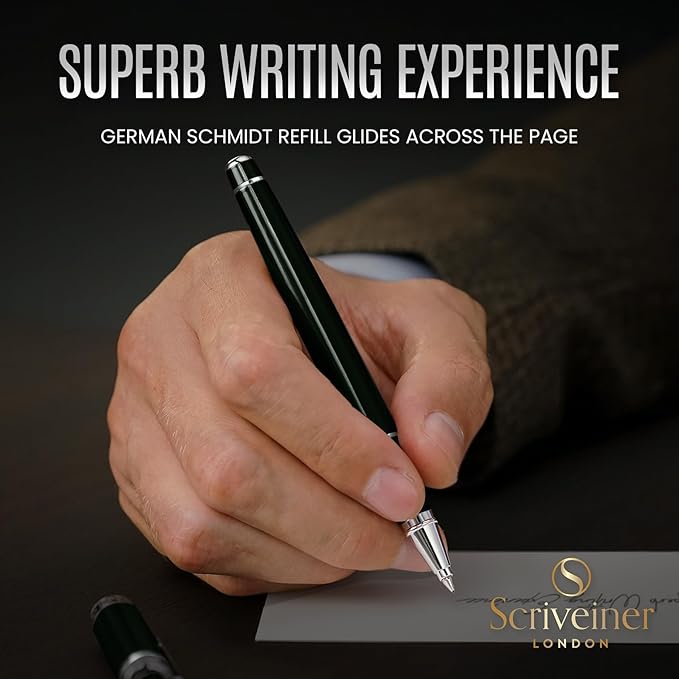 Scriveiner Black Green Rollerball Pen - Stunning Luxury Pen, Chrome Finish, Schmidt Ink Refill, Best Roller Ball Pen Gift Set for Men & Women, Professional, Executive Office