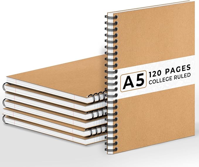 6 Pack Lined Journal Spiral Notebook College Ruled, 5.8 x 8.3, 120 Pages (60 Sheets), 100 GSM Thick Paper Notebooks, Daily Writing Journals for Men and Women, Work, Office & School Supplies