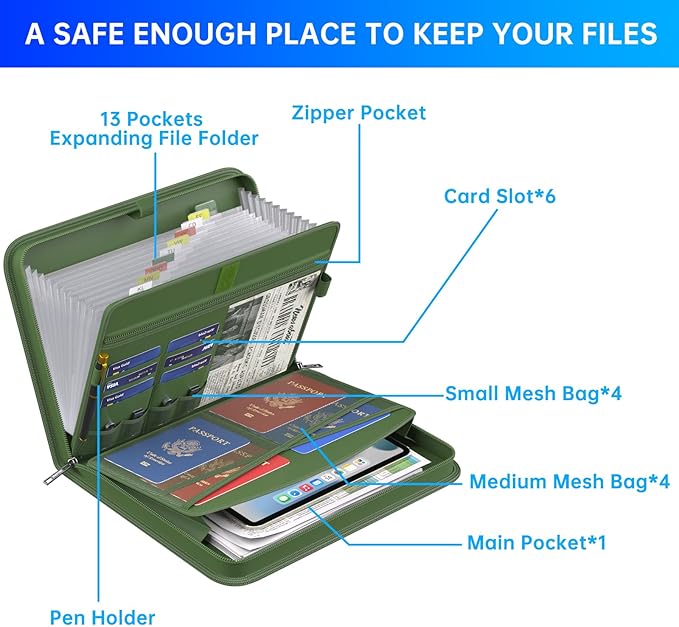 ENGPOW Accordion File Organizer,Fireproof Expanding File Folder with Multi Pockets,13 Pockets Document Organizer with Handle & Labels,Portable Home Travel Safe Storage for Letter A4 Files,Green