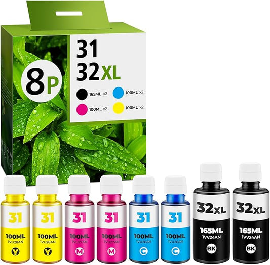 31 Ink Bottle Set, 32XL Black Ink Bottle Set Compatible with HP Smart Tank Ink 7602 5101 651 6001 5000 5103 7301 7001 7302 Printers, 31 32XL Black Ink for Smart Tank 551 5102 7002 7006, 8Pack