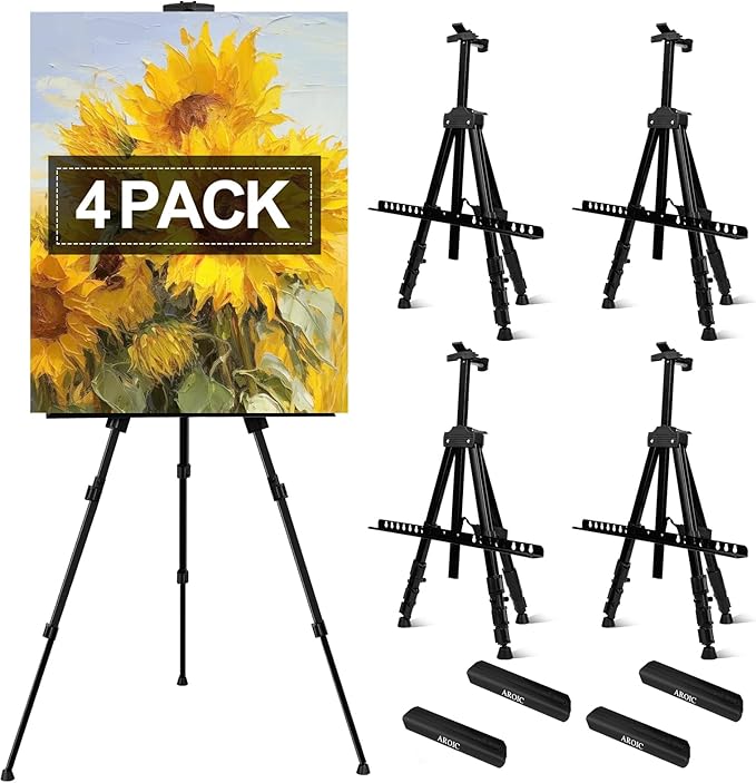 AROIC 4 Pack Art Painting Display Easel Stands,Portable Adjustable Aluminum Metal Tripod Artist Canvases Height from17 to 66 Inch Extra Sturdy forTable-Top/Floor Painting. Black with 4 Storage Bag