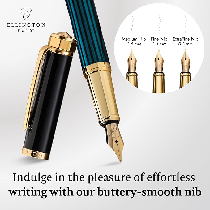 Luxury Fountain Pen Set- Fountain Pens for Writing - Smooth Extra Fine Nib - Includes Refillable Ink Converter, 3 Ink Cartridges [Black & Blue], Gift Box - Elegant Calligraphy