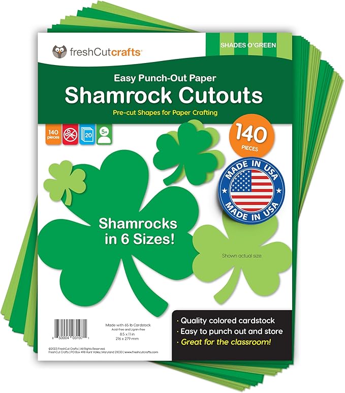 FreshCut Crafts 140 Piece Shamrock Cutouts Set: Pre-Cut Green Irish Clover Shapes for School Supplies, Decorating Themed Events Bulletin Board & St. Patrick's Day Decor, US Made Quality Card Stock